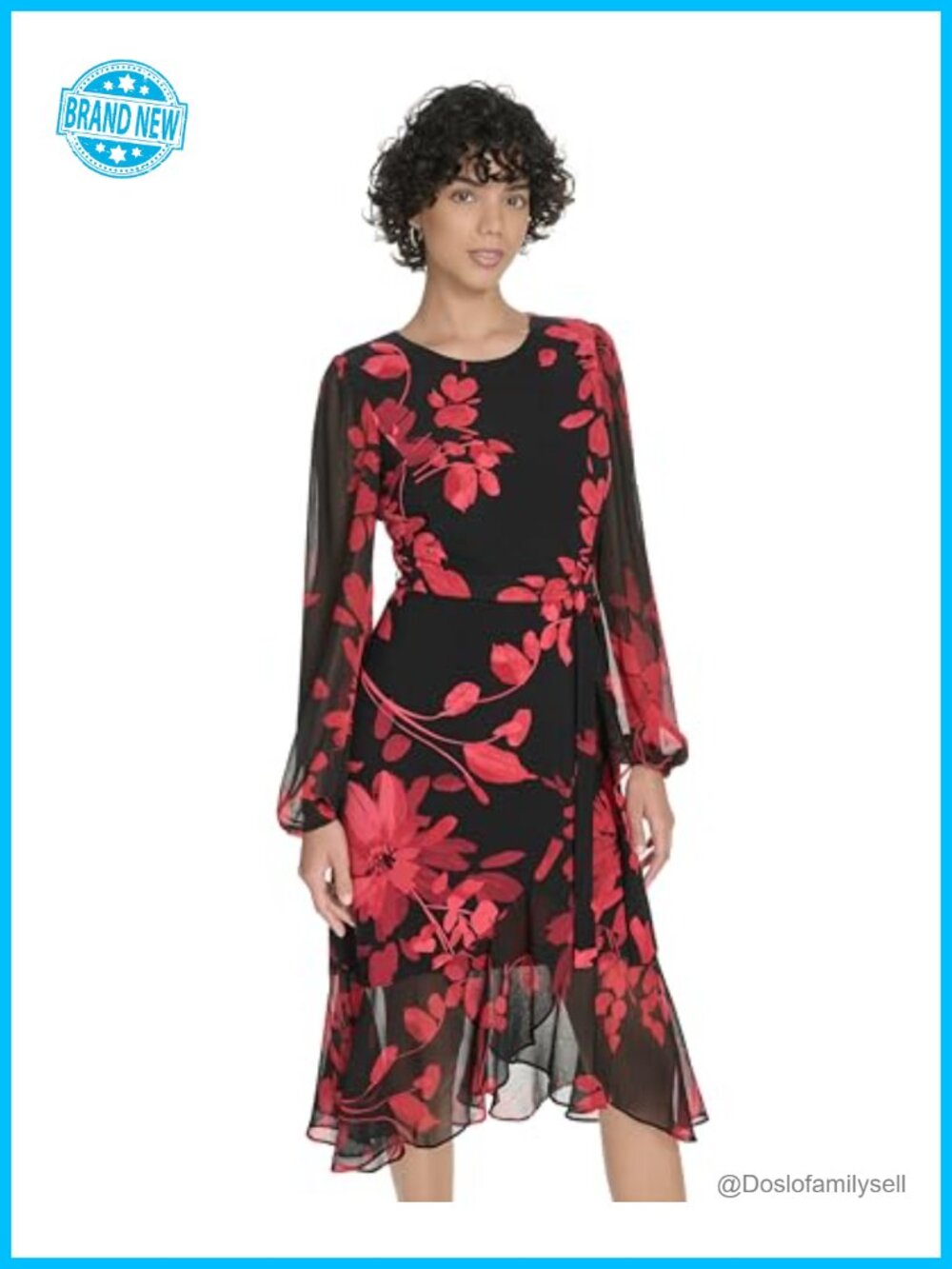 Long Chiffon Balloon Sleeve Velvet Wrap Midi Dress V-Neck Zipper Back